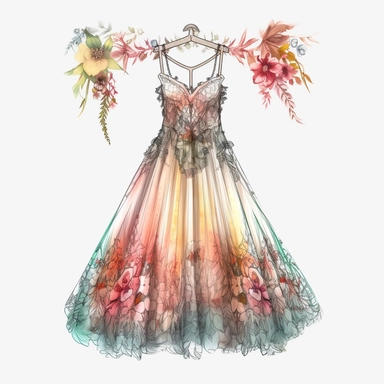 panoramic view, full view, beautiful flowing tropical party dress in vibrant colors on ornate hanger, shabby chic, elegant, ethereal, romantic, fantasy, high detail, shabby chic, sharp focus, 8k, illustration sketch, clipart style, transparent background