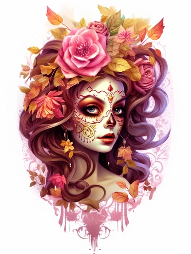 3d sugar skull girl with florals, in the style of fantasy art, 32k uhd, tim shumate, dark magenta and gold, luminous atmosphere, fantastical street, luminous,sticker art, clipart png, photorealistic, watercolor, digital painting, WHITE BACKGROUND, fantasy style, realistic, painting, 8k, ultra details,