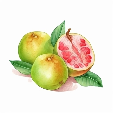 on white background cute and vibrant clipart featuring guava in watercolor style, hyper realistic photo flat color