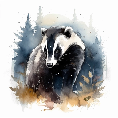 Clipart on a white background, a watercolor depiction of a badger, inspired by the art of Maurice Sendak. A fierce-looking badger with sharp claws, surrounded by a dark forest and glowing eyes in the background. The colors are dark and moody, with a cool temperature to evoke a feeling of danger. The lighting is dim and mysterious, with a sense of tension and intrigue.