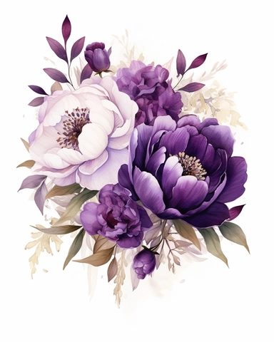 Watercolor Dark Purple Florals, Individual Items, Watercolor Floral Composition, pale green Leaves, Plum Peony Flowers Clipart, PNG, a corner flower clipart on pure white background with margins, white background clipart