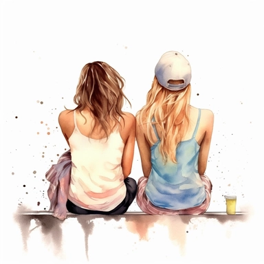 2 beautiful girls best friend sitting together back view illustration clipart, detailed, white background, illustration painting, digital art, 8k, hd, watercolor
