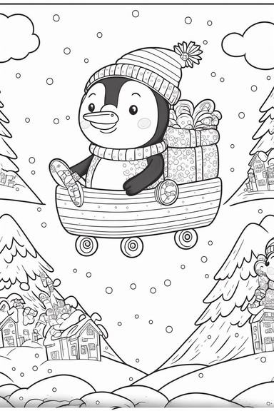 coloring book page for kids, cute whimsical penguin on a snow sled, sitting on top of a big Christmas present mountain, clipart, cartoon children's stylehand drawn line art, black and white