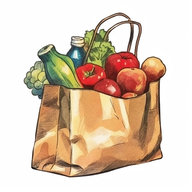 watercolor fresh vegetables and fruits in a paper bag royalty stock, in the style of farm security administration aesthetics, teal and red, y2k aesthetic, paleocore, naïve drawing, impressionist: dappled light, dark green and beige Clipart desert cartoon t-shirt graphic, vector, contour, isolated on a white background