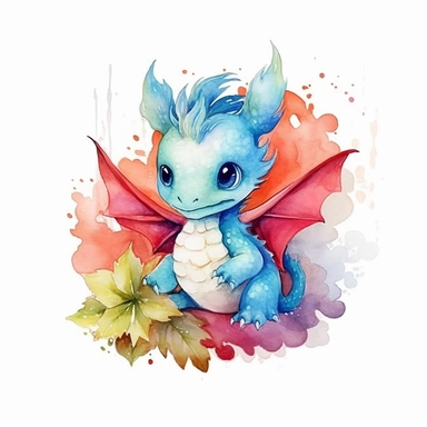 Watercolour Colourful Fantasy baby Dragon Clipart, white background