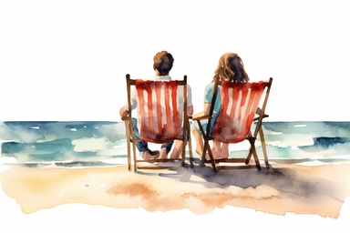 rear view young couple Beach chair on the beach Watercolor clipart, details