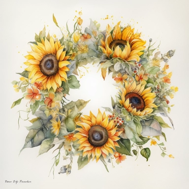 Watercolor Painting of beautiful multi - headed Sunflower Wreath FLOWERS on white background DETAILED ILUSTRATION, Flora Design Patterns, Flemish Baroque by Rachel Ruysch, Behance, Rococo, Intricate Detailed, Soft Light Effect, Oil Paint Strokes, Light Academia Aesthetic Flowers, Lighting cinematic, all shown shimmering stamens, tyndall light, texture, colorful, 8k, fantasy, ray tracing, vivid, spectacular lighting, octane rendering, highly detailed, ultra - realistic, white background, clipart