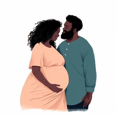 pastel colors vector full view image of faceless trendy heavily pregnant african american woman side view with caucasian fat man belly touching together, illustration clipart, white background