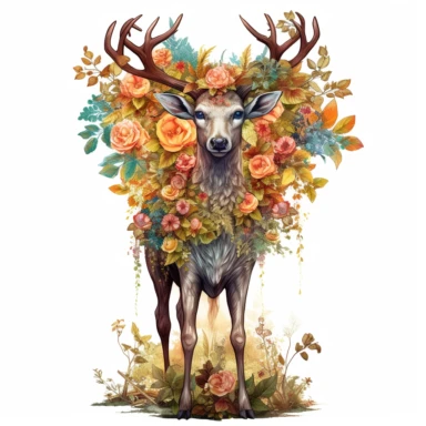 a cute floral standing deer flowers and plants stands tall and proud,DMT art style,The deer's eyes, large and expressive, possess a gentle and curious gleam,clipart,white background,hyper realistic,highly detailed