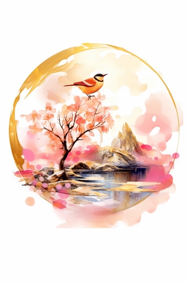 beautiful gorgeous alcohol ink of gold serene nature scene with a central focus on a pink icebird, gentle wave , minimalist style, crystals, glam, glossy, glitter texture, liquid ink clipart, modern and stylish design, bright colors, 300 dpi, clear decoration, clear white background, highly detailed digital art, 8k