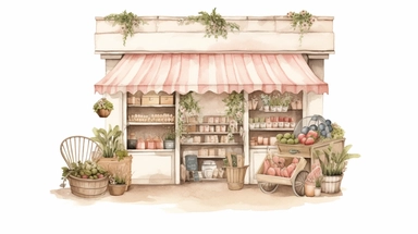 watercolour illustration, light pastel pale pink background, Grocery shop interior color graphic sketch illustration vector clipart, sublimation graphics, by Beatrix Potter, watercolour clipart, unique design, print on demand image, transparent PNG background, white background, 8k