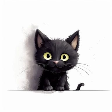 back high level view, cute black cat waiting before mouse whole in wall, illustration, white background, clipart, nursery illustration, illustration for children