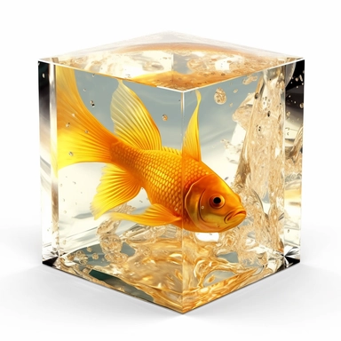 clipart 3D gold fish inside epoxy rasin cube. glass cube has sharp edges. preserved in resin, vibrant color, white background