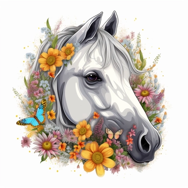 hyperrealistic, beautiful white horse head, grass and wild flowers with sun, cartoon style, no background, no shading, white background, funny and fruit, fantasy, Realistic colorful magic musroom, clipart background, sticker, drawing, fantasy, lot of details, psychedelic, no watermark, pink,