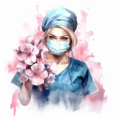 a nurse with flowers, wearing a surgical mask, ink wash background, in the style of realistic watercolor paintings, uhd image, free brushwork, artistic interpretations, in the style of artgerm, 2d game art, quadratura, clipart,