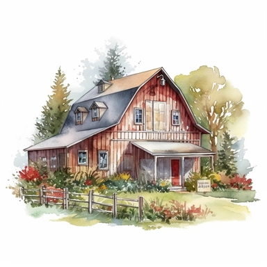 farm barn, a building made of typical American white wood, lots of plants, trees behind the building, watercolor, clipart, realistic