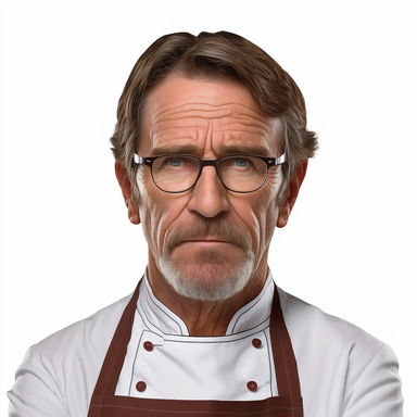 semi realistic clipart on white background, men 55 years old, brown hair, with glasses, front view, wearing a chef's outfit, concerned about his future