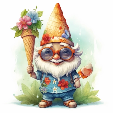 gnome summer smile and cute big eyes wear big glasses full body , eat ice cream summer , cute funny laugh detailed digital art, whimsical and cute, cute detailed artwork, glimmering, adorable and whimsical, whimsical art, watercolor Clipart style