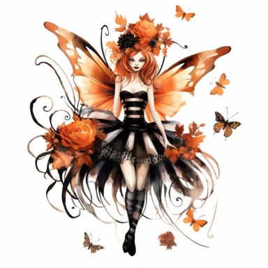 watercolor style Halloween fairy, clipart, large orange,wings, black white stripes, pumpkin, isolated on white background, in the style of Amy Brown, beautiful fall floral, bright color, crisp lines, chaos 8