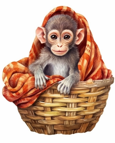 detailed watercolor Baby Monkey on a basket with scarf , hyper realistic, isolated on a white background, clipart