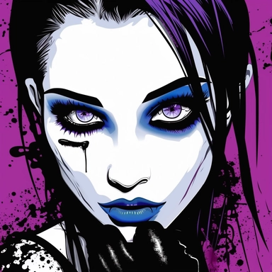 Illustrate a clipart image showcasing a goth woman color splash with radiant eyes that shine brightly. Use a rich and diverse color palette to enhance her appearance, and ensure the image is detailed and crisp. The background should be pure white