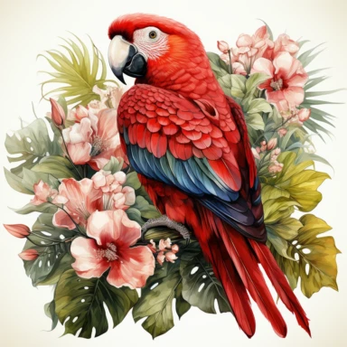hyperrealistic ultra detailed watercolor clipart, red parrot with jungle flowers, white background, in the style of digital print, clipart, illustration, sticker, ultra high definition, rich details, 32K, HD