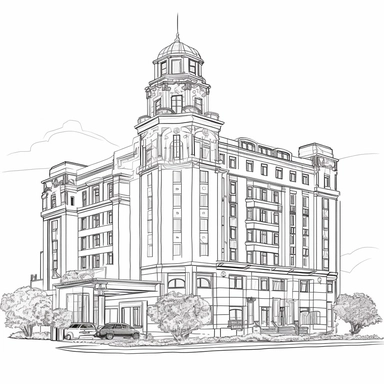 hotel lineart clipart, flat drawing, hd on white background, hyper detailed, soft tones spaced out ar 3:2