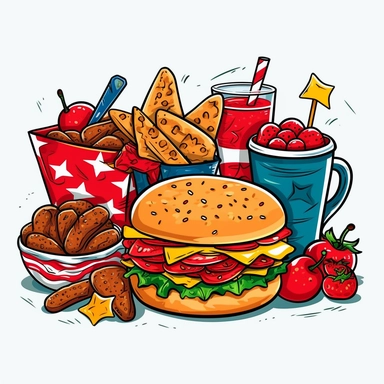Independence day cookout food, Clipart, 4th of july, white background, crisp detail, cute, cartoon, black outline, vibrant