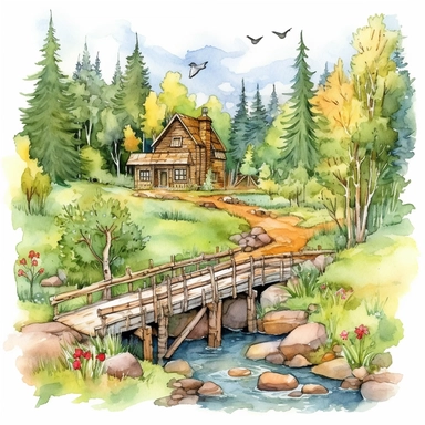 watercolor clipart painting of a Colorado mountain landscape, with evergreen pine trees, pinecones and sage green trees, with some yellow aspen trees and white birch trees, log cabin in the wood with smoke coming out of the chimney. there is a little bridge over the blue and green stream with rocks and lily pads in the babbling brook, a red cardinal and some hummingbirds, butterfly and dragonfly, a dusk sky with a moon and a few stars, hd, magical and whimsical illustration with a little gold gl