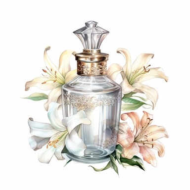 an elegant victorian perfume bottle with casablanca lilies, detailed realistic watercolor illustration, white background clipart