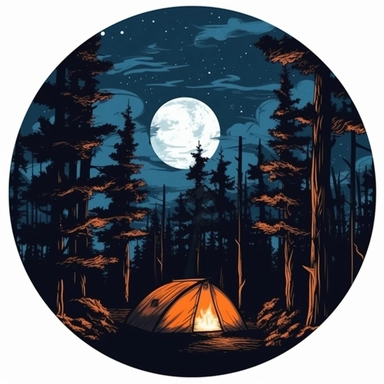 tent in woods, night time, moon, nature, clip art, illustration, clipart, camp fire, in a circle