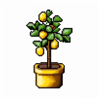 an 8-bit potted lemon tree, in the style of a 1990's video game sprite, dark outline, on a white background, 2-D pixel art, clipart,