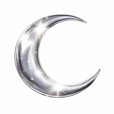 An illustration of a silver glowing beautiful half moon against white background, outerglow, innerglow, fairytail style, white background, clipart, PNG pure white background, high resolution, best quality