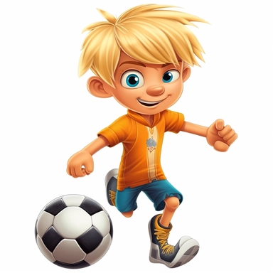 a 8 year old blond boy as a soccer star with long fringe and short sides as a soccer star, full body, comic style clipart like paw patrol