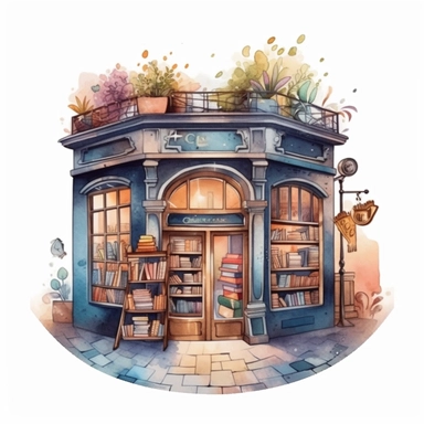 Bookstore,cute bookstor,muted colors,clipart on a white background, an illustration of by Annabel Kidston, shutterstock contest winner, generative art, detailed painting, digital illustration,photoillustration isolated on white background, digital watercolor,dark outline,high quality,8k