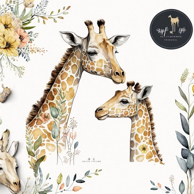 cute pair of mother and daughter giraffes clipart with watercolor illustration,8k,etsy style--ar 2:3