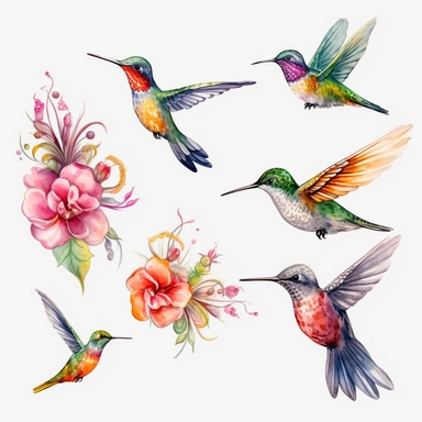watercolor hummingbirds, high details, intricate details and no color bleed, HD, 8k, solid white background clipart