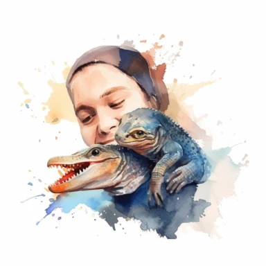 Adorable pet Monitor Lizard having happy moment with it's human owner, water color style, clipart, white background