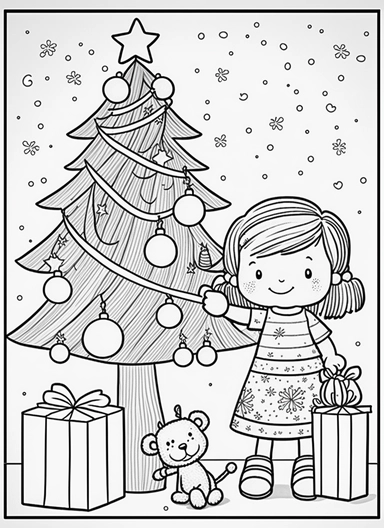 line art, black and white, christmas tree with presents, decorations, happy scene, cartoon sketch, coloring page for kids, coloring page for children, thick lines, realistic, drawing, printable outlined art, crisp lines, No background, clip art, hand draw