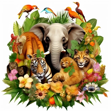Create clipart featuring Thai wildlife Descriptive Keywords: Elephants, tigers, monkeys, tropical birds, butterflies Style of Photograph: Playful and vibrant and ensure the image is detailed and crisp