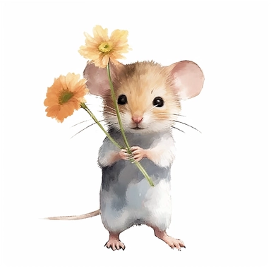 realistic clear watercolor of a cute mouse holding a flower clipart
