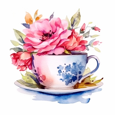 tea cup clipart with flowers, watercolor illustration, clean background