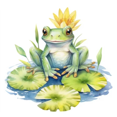 cute watercolor frogs sitting on lilly pads clipart white background