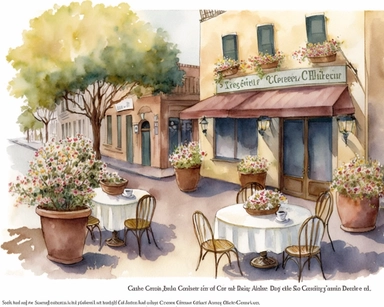 Clipart, watercolor painting, coffee shop As the gentle breeze carries the faint aroma of fresh coffee, you find yourself captivated by the scene before you. Nestled in a quaint street lined with charming buildings, a quaint looking cafe. The outdoor seating area beckons with rustic charm, decorated with cast iron chairs and tables decorated with vibrant potted flowers. In the background, a gentle stream meanders through a lush green garden, creating a relaxing atmosphere that perfectly compleme