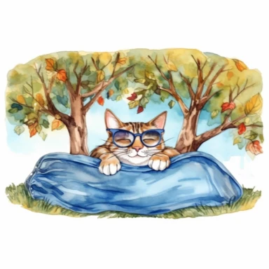 Cute cat wesring sunglasses is sleeping on a big blue colored air mattress, lovely scene in nature below a tree, Sublimation graphics, by Beatrix Potter, watercolour clipart, unique design, print on demand image, white background, 8k,