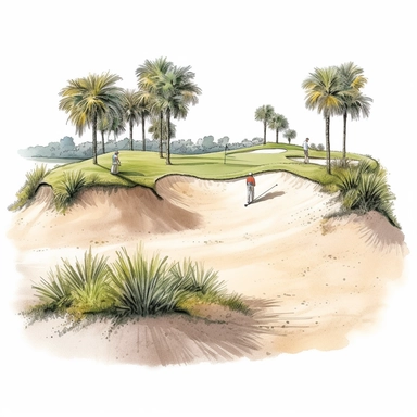 Idyllic watercolor clipart of a Florida golf course sand trap scene with 3 golfers in Springtime, isolated on a pure white background, insane detail,