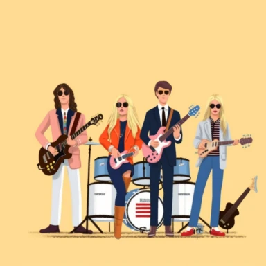 a set of clipart inspired by the story of a fledging American rock band at a Swiss boarding school as conceived by Wes Anderson, rich kids at an exclusive school playing rock music, The Royal Tennanbaums, preppy rock aesthetic