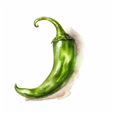 Watercolor clipart of Green chili pepper in the style of ethereal watercolor washes, strong watercolor paper texture,intuitive ink washes , multi-layered, lith printing, havencore, texture-based, isolated on white background