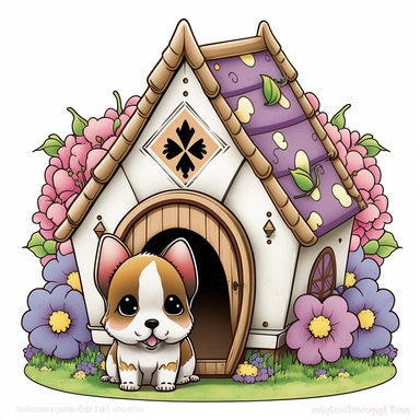clipart with white background of a doghouse in the style of mystical fantasy, magical, kawaii style