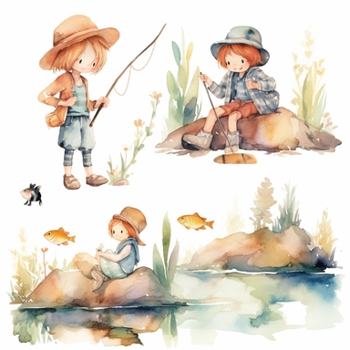 Watercolor boho fishing near a beautiful stream, illustrations clipart set, simple, soft colors, cartoon elements, different variants, cute little boy and girl fishing, separate elements with a margin